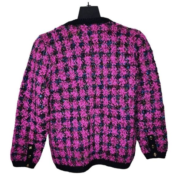 Vintage 80s Peruvian Connection Preppy Cardigan Sweater Womens S Purple Check Br - Picture 4 of 6